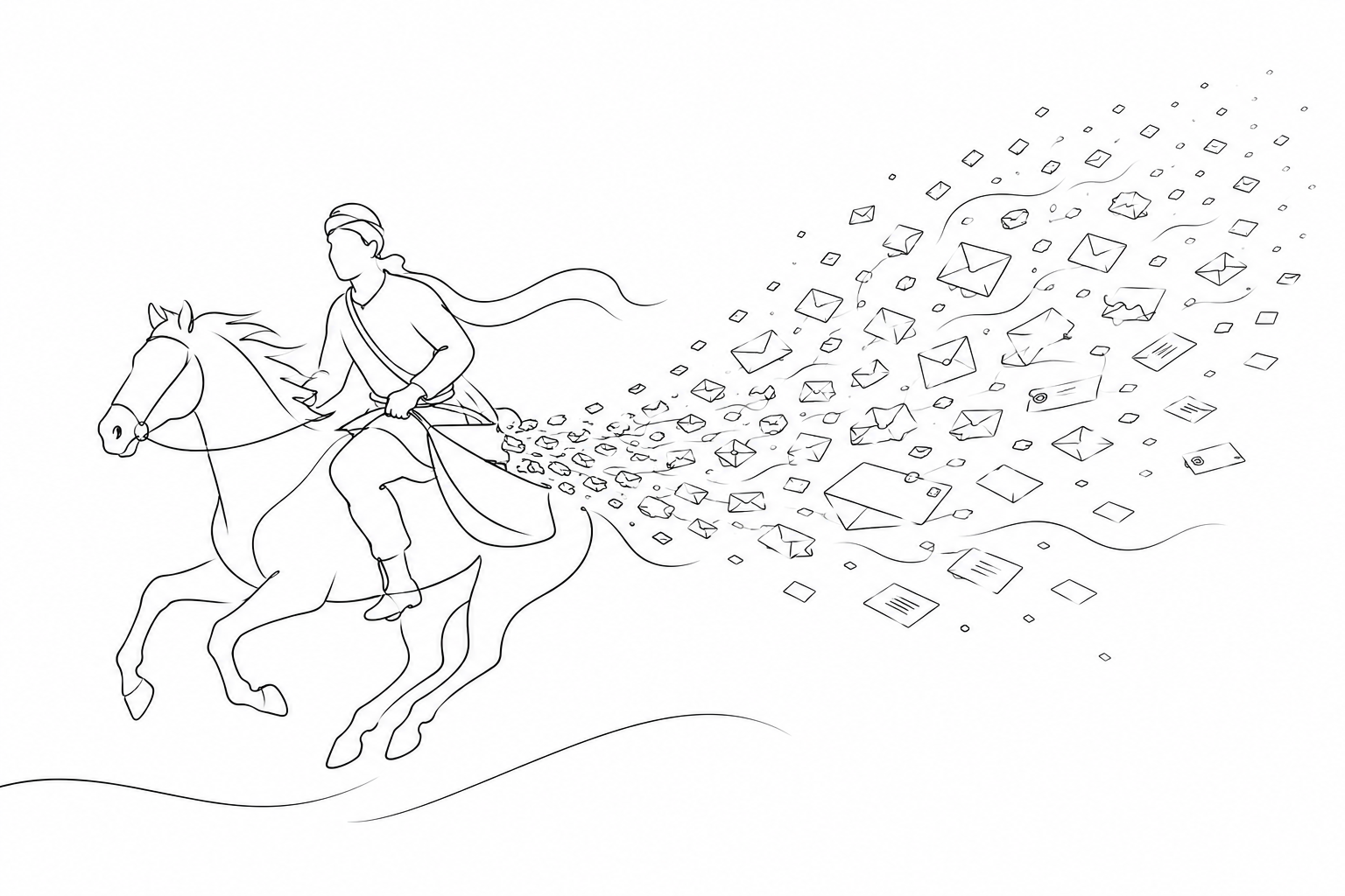 An ulak messenger on horseback scattering hundreds of personalized letters into the wind